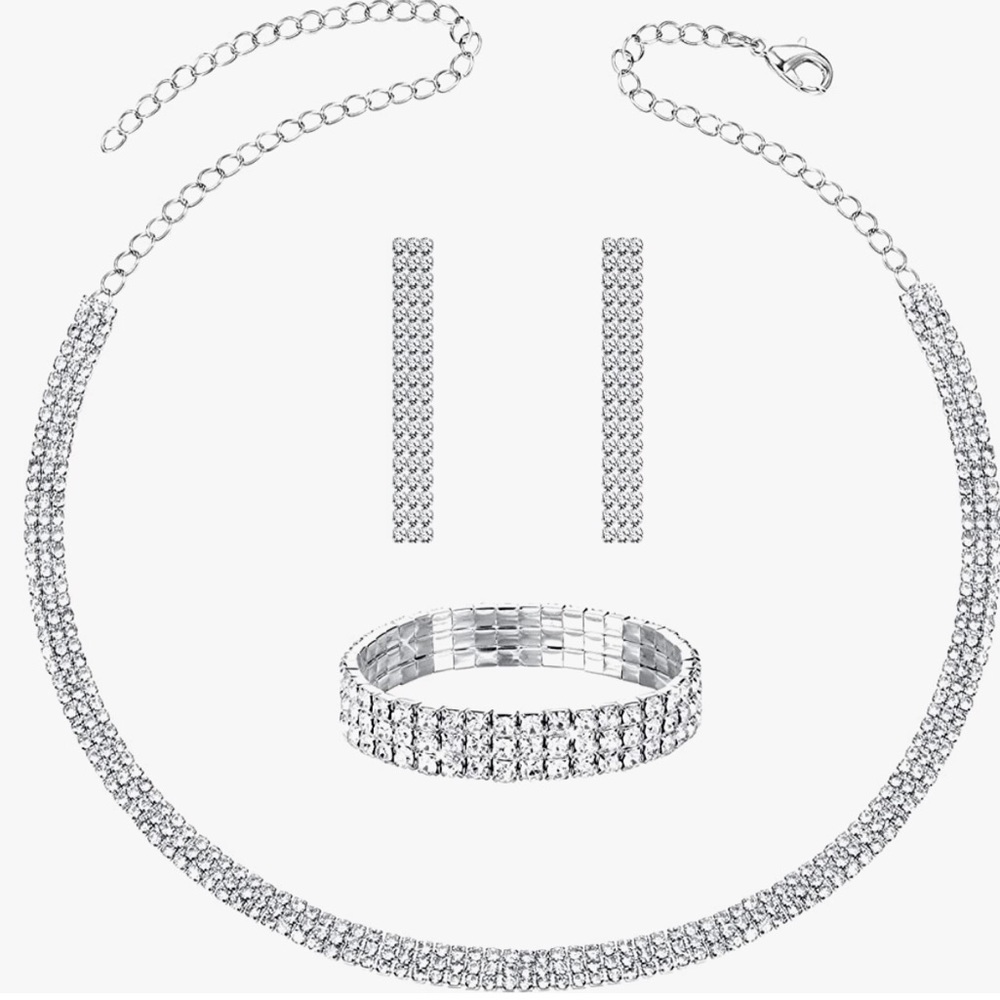 Silver Bridal Jewelry Set Rhinestone Crystal Necklace~ Bracelet~ Dangle Earrings